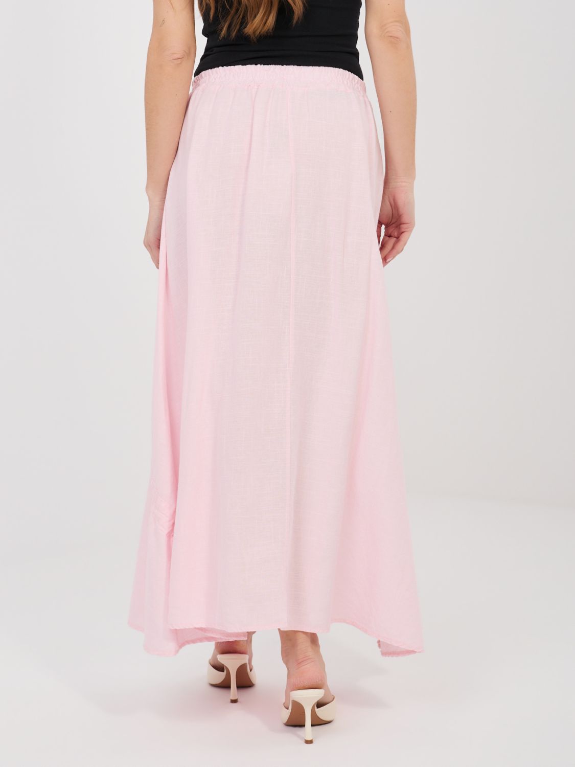 Svetloružová midi sukňa s viazaním
