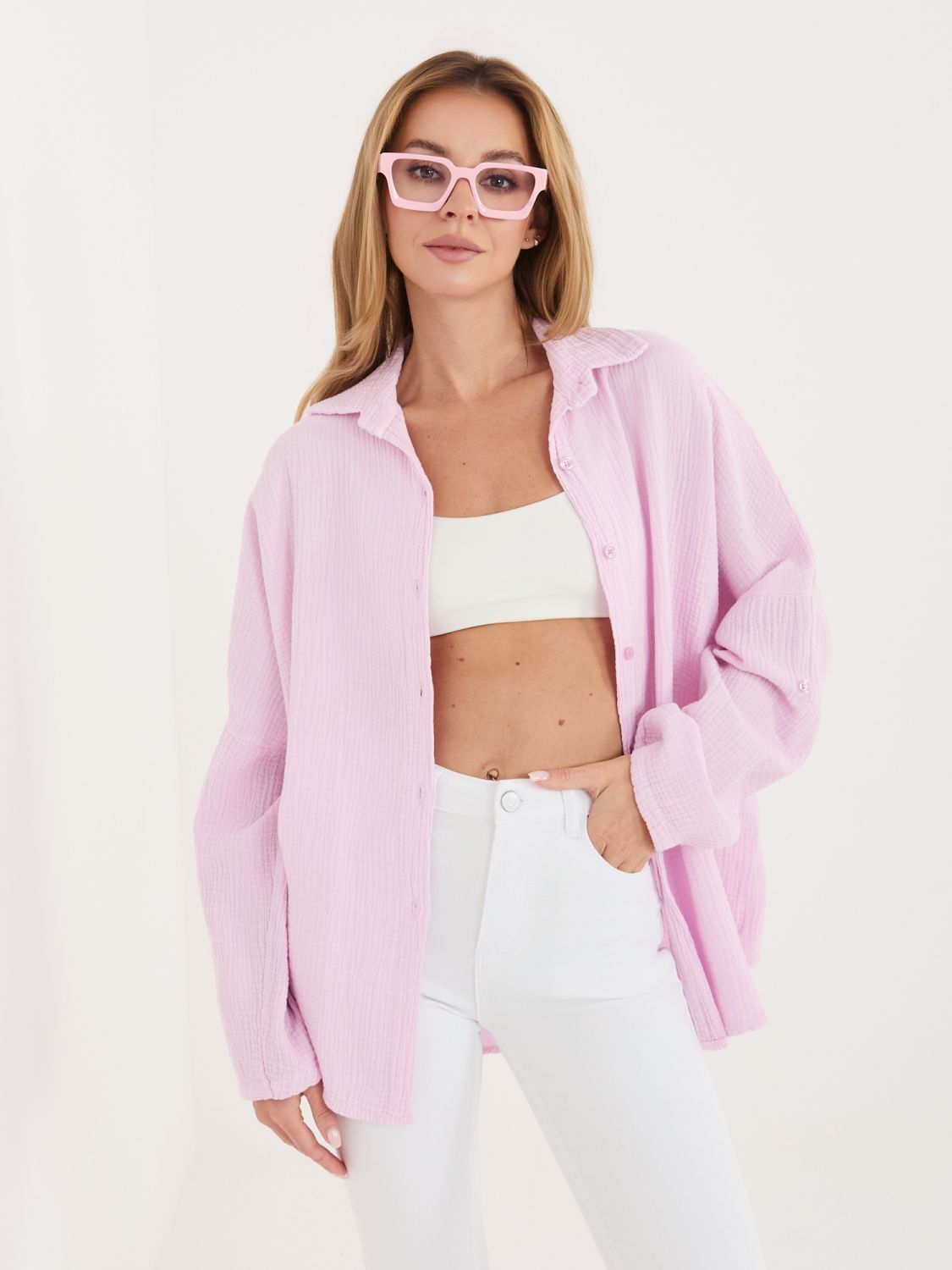 Svetloružová bavlnená košeľa s golierom