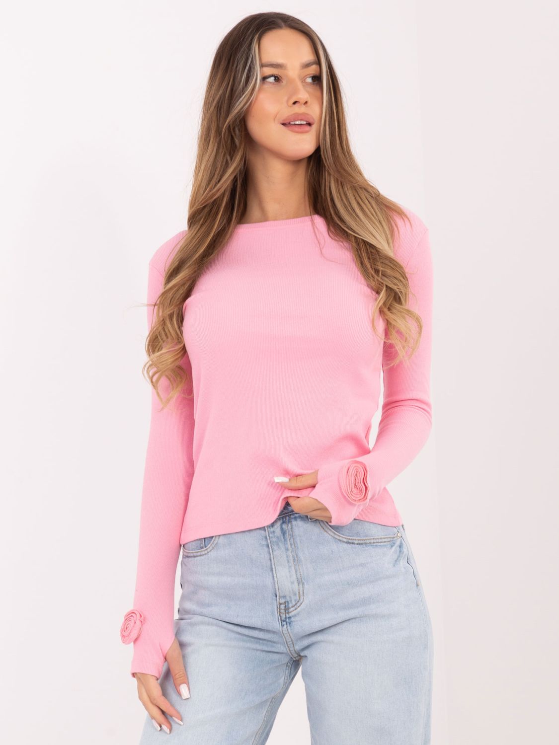 Svetloružová rebrovaná blúzka s dlhým rukávom