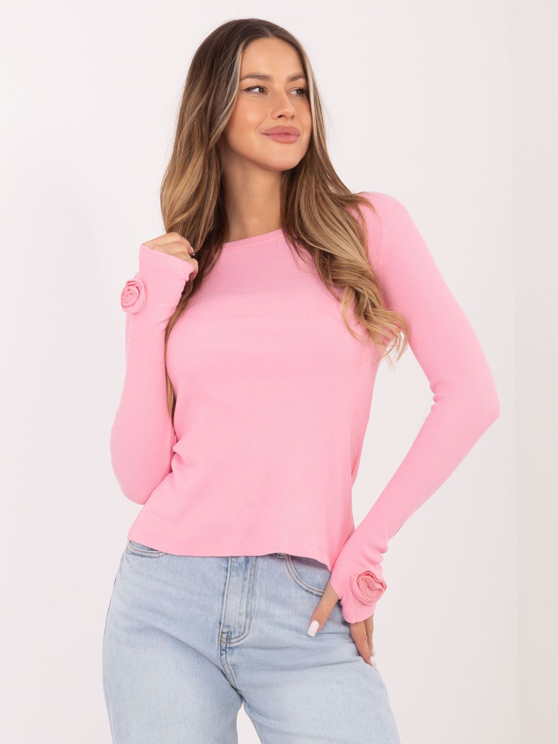 Svetloružová rebrovaná blúzka s dlhým rukávom