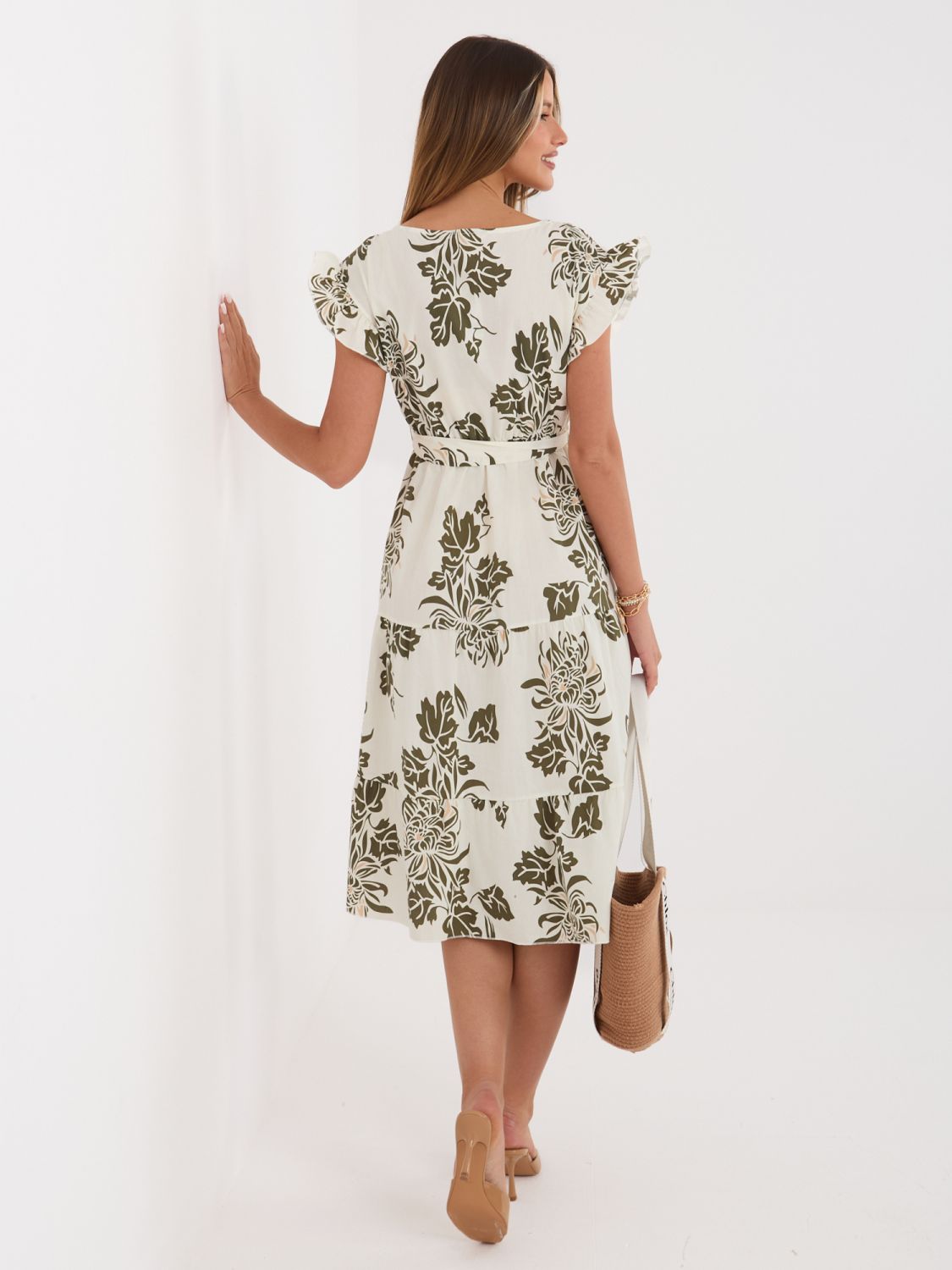 Khaki midi šaty s potlačou a opaskom