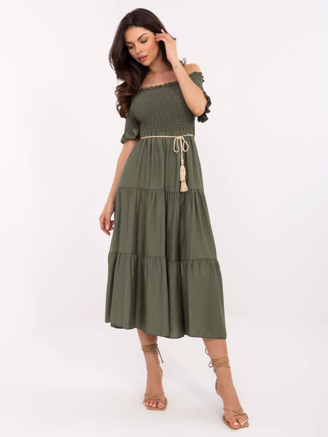 Khaki letné midi šaty s off-shoulder strihom