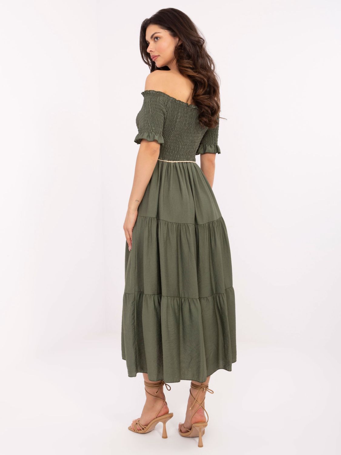 Khaki letné midi šaty s off-shoulder strihom