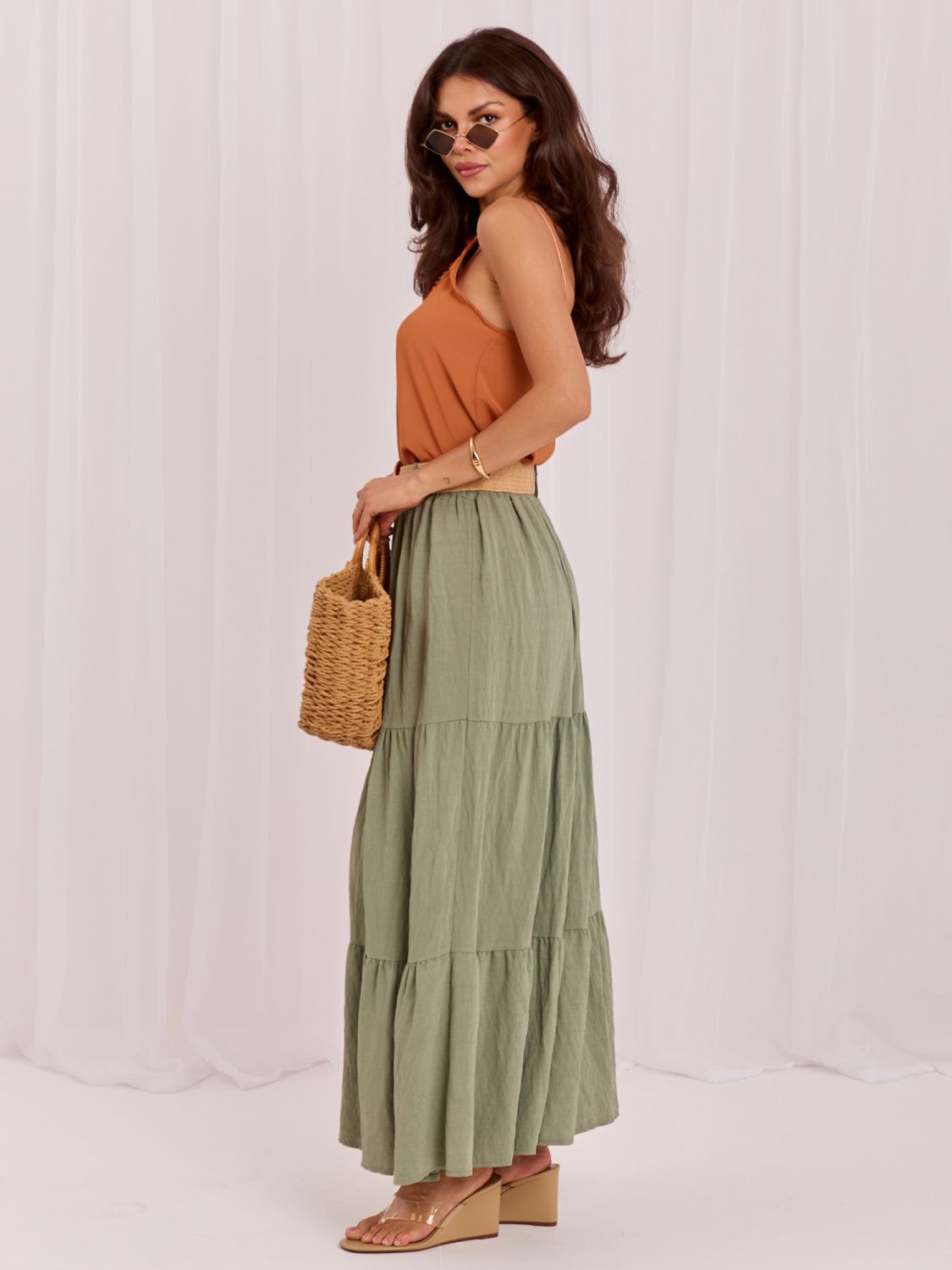 Maxi boho sukňa s volánom a opaskom, khaki