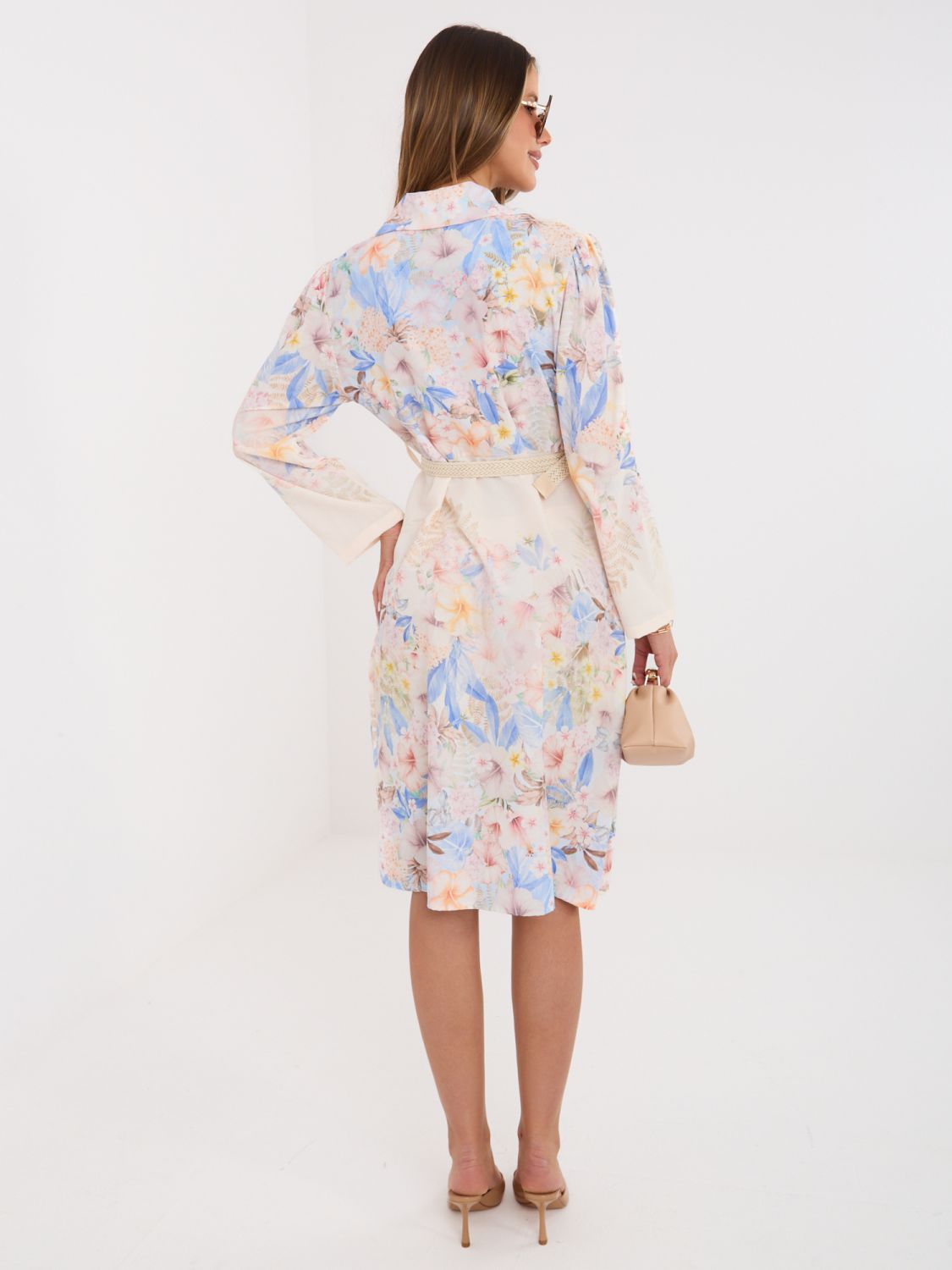 Modré kvetované košeľové šaty s opaskom