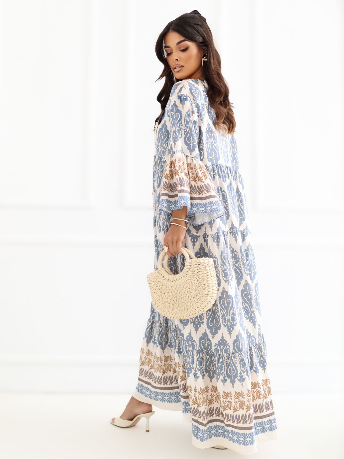 Modré maxi šaty s potlačou a 3/4 rukávmi
