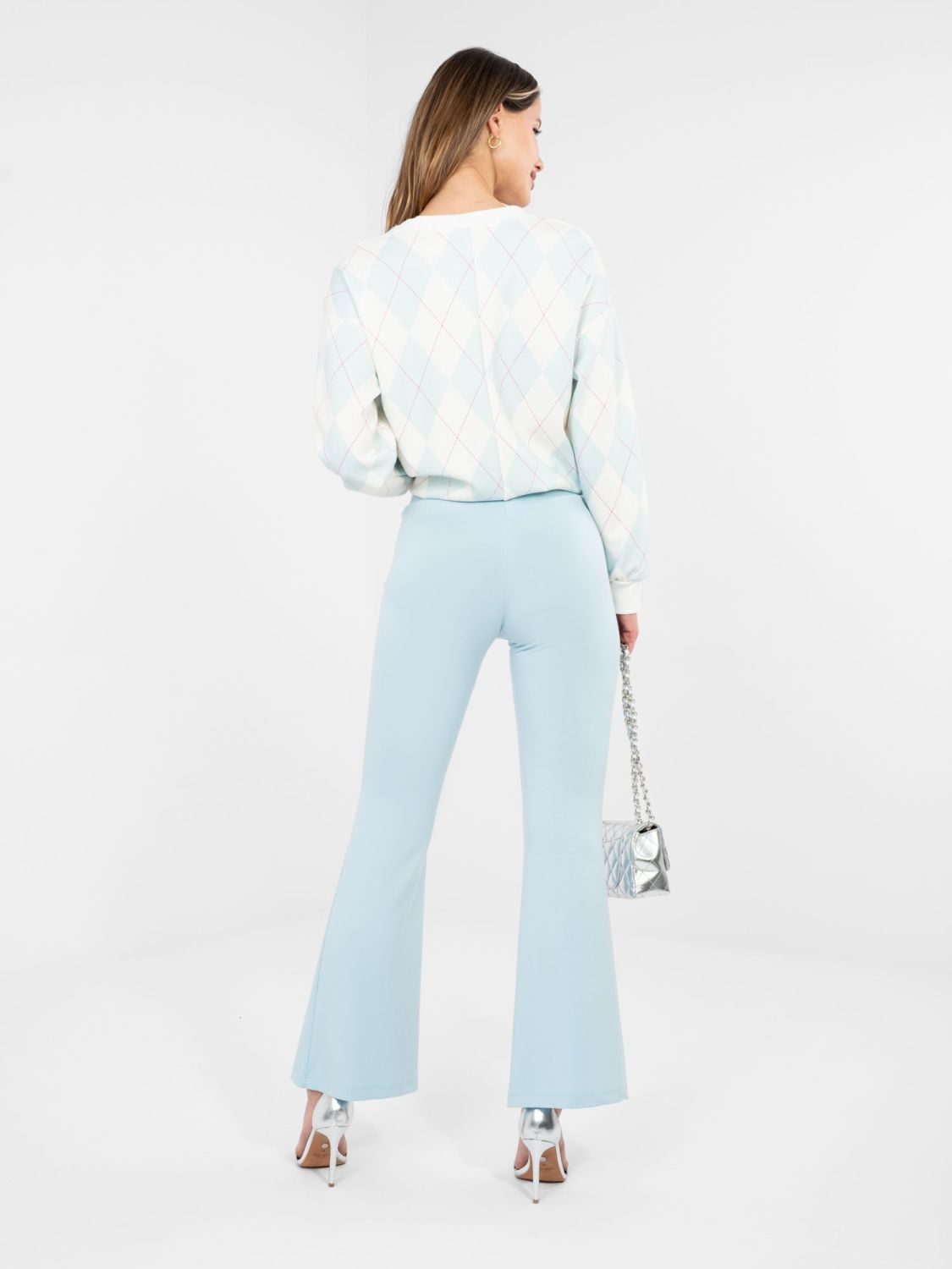 Dámske svetlomodré široké teplákové nohavice s vysokým pásom