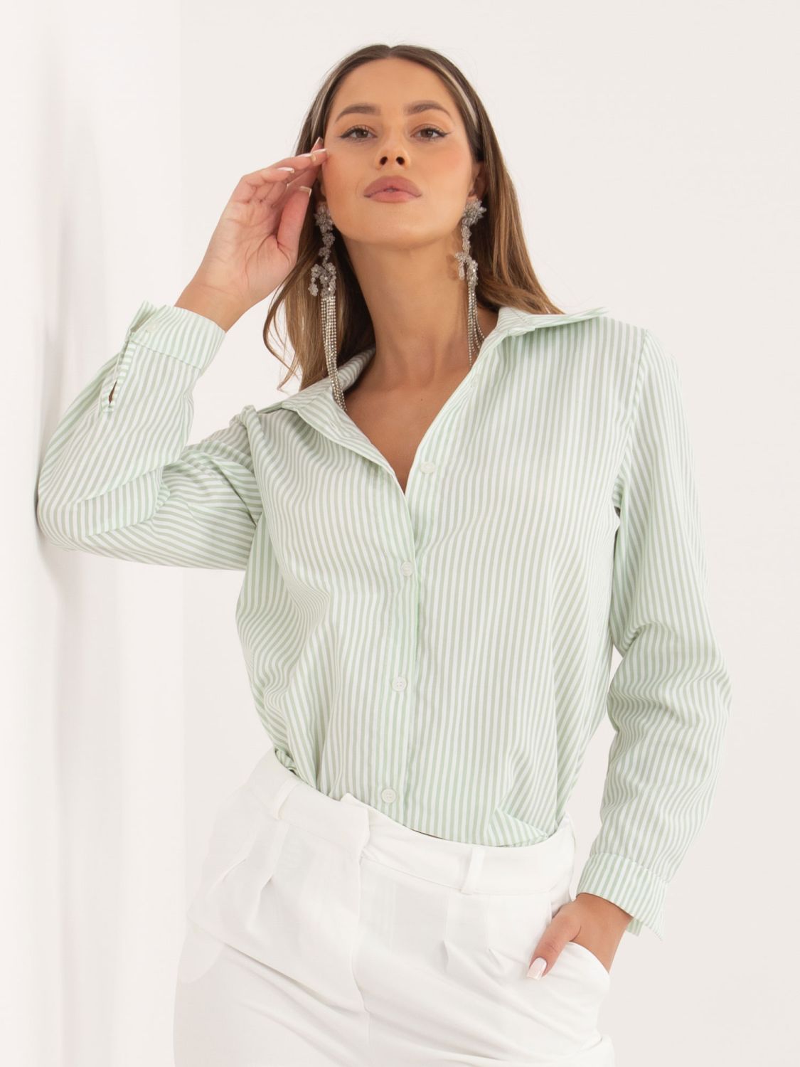 Pistáciová pruhovaná košeľa s dlhým rukávom