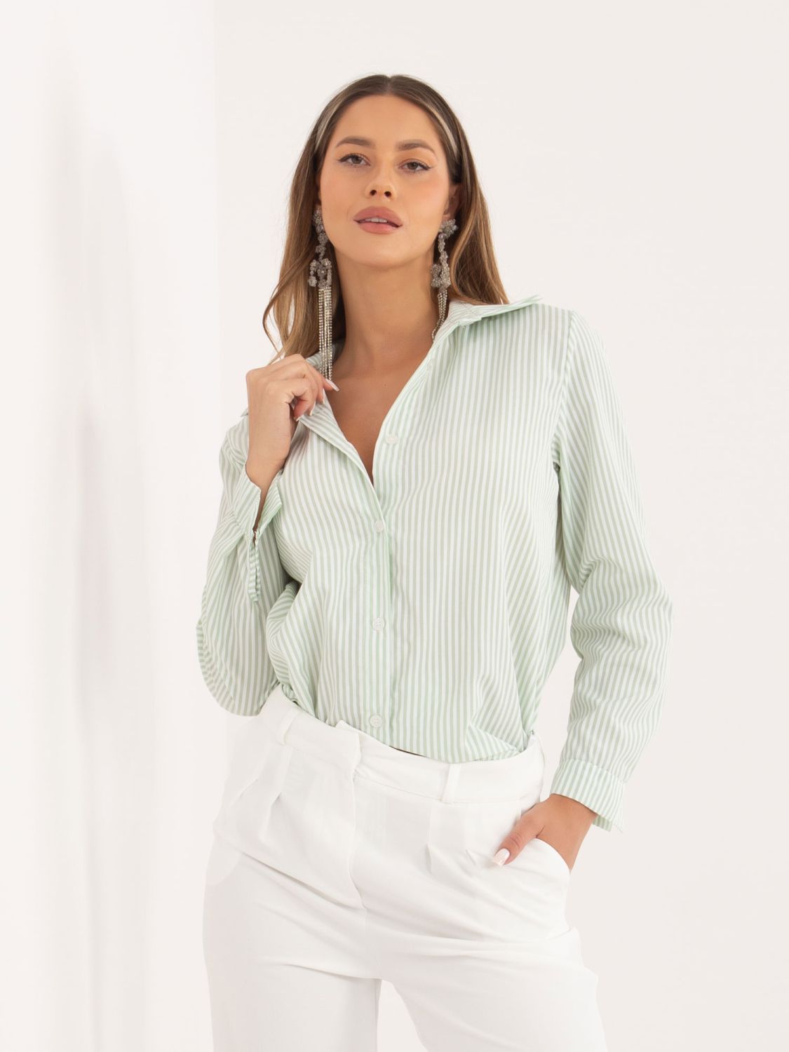 Pistáciová pruhovaná košeľa s dlhým rukávom