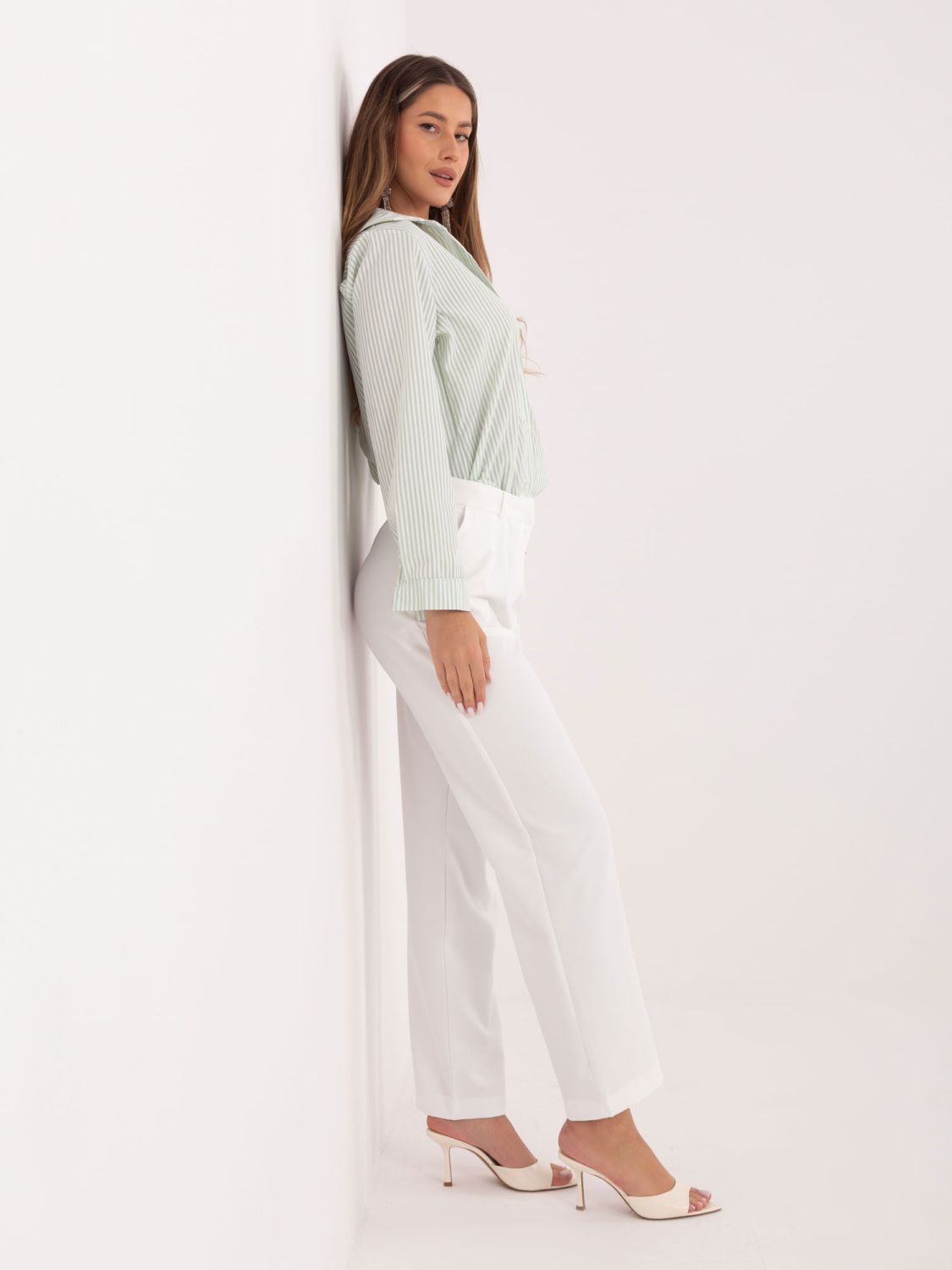 Pistáciová pruhovaná košeľa s dlhým rukávom