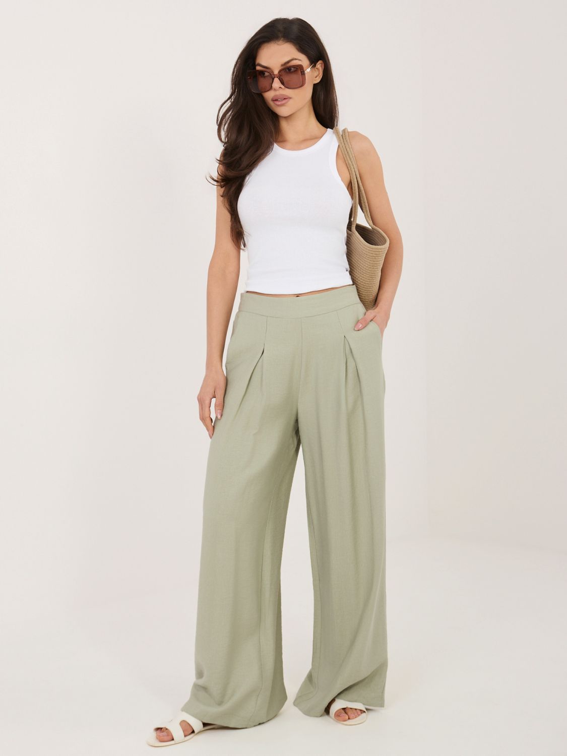 Pistáciové palazzo nohavice z viskózy
