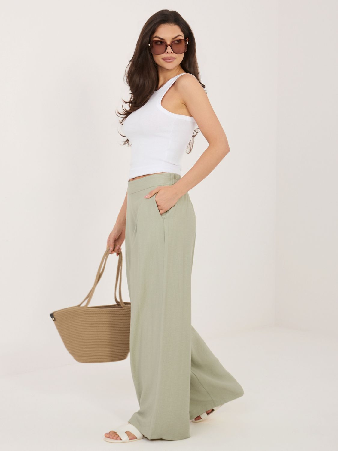 Pistáciové palazzo nohavice z viskózy