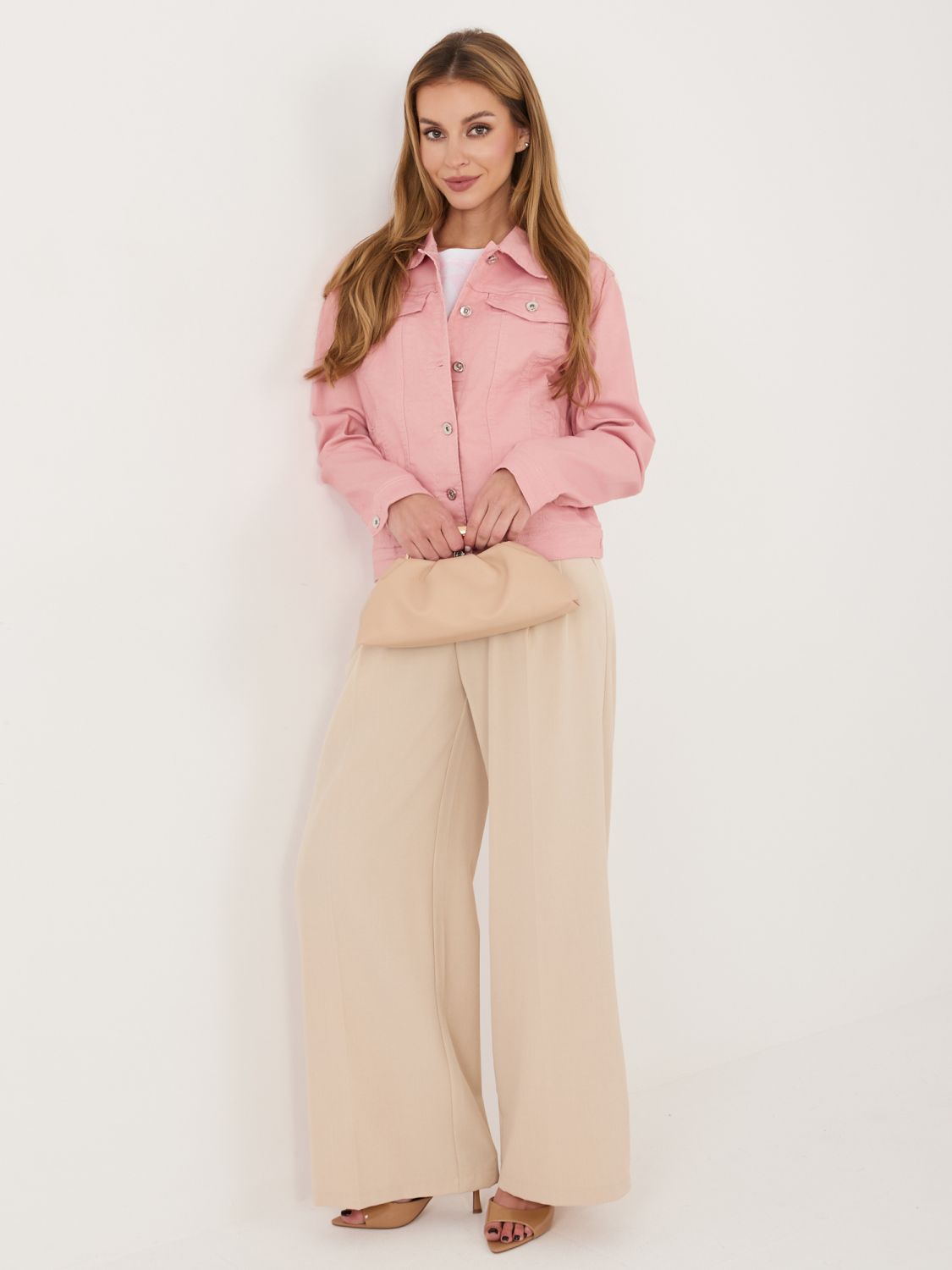 Ružová džínsová bunda s golierom