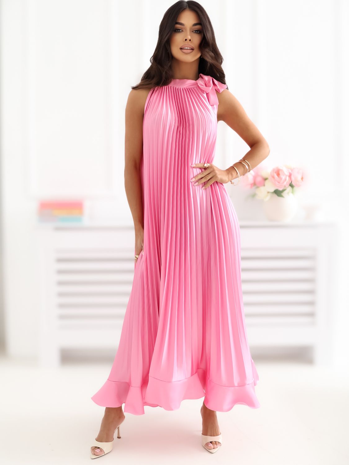 Ružové midi koktejlové šaty bez rukávov