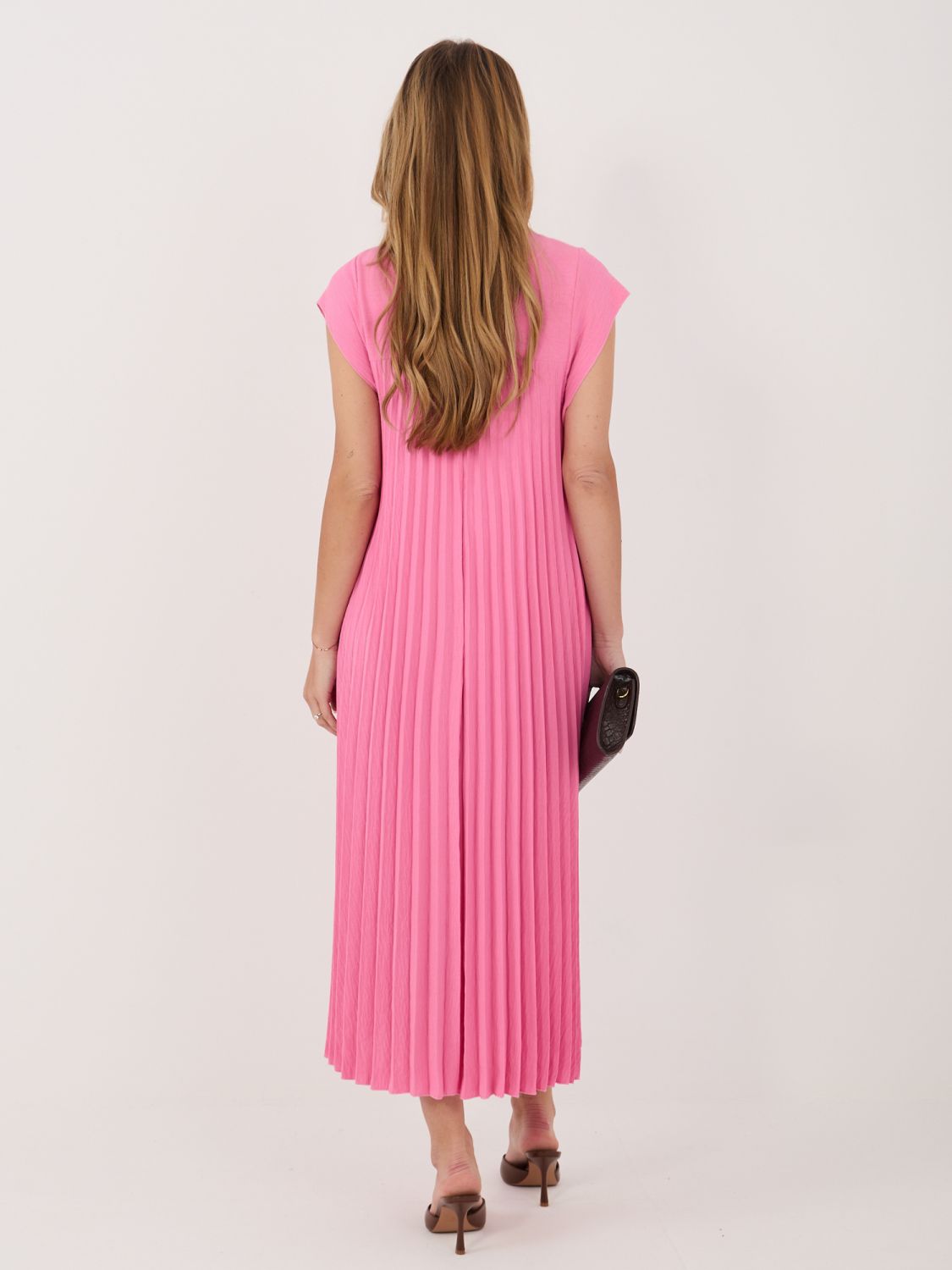 Ružové midi koktejlové šaty s vreckami