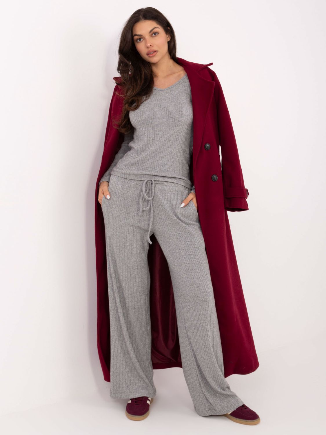 Sivé široké rebrované nohavice s vysokým pásom