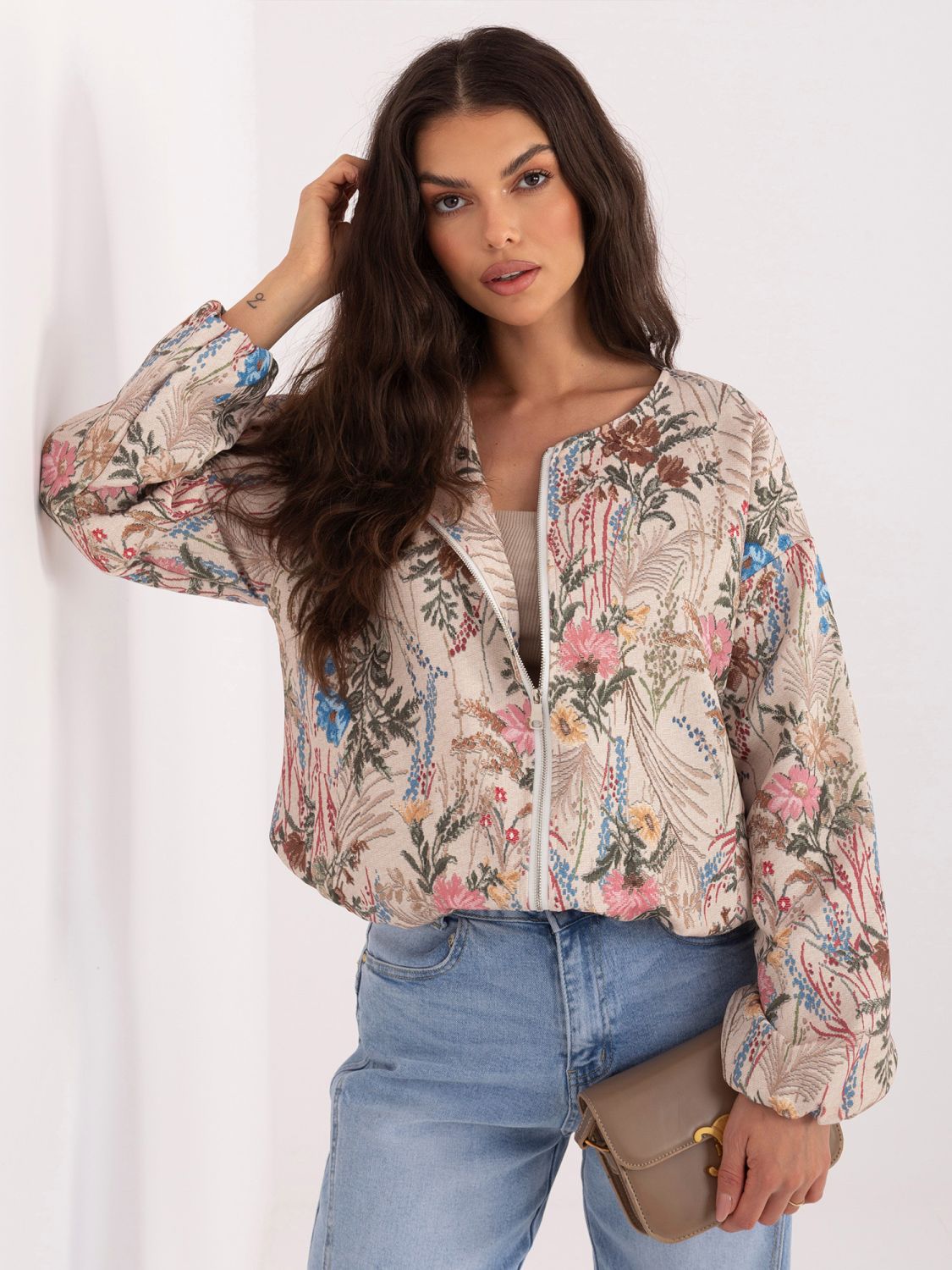 Zelená kvetinová bomber bunda s podšívkou