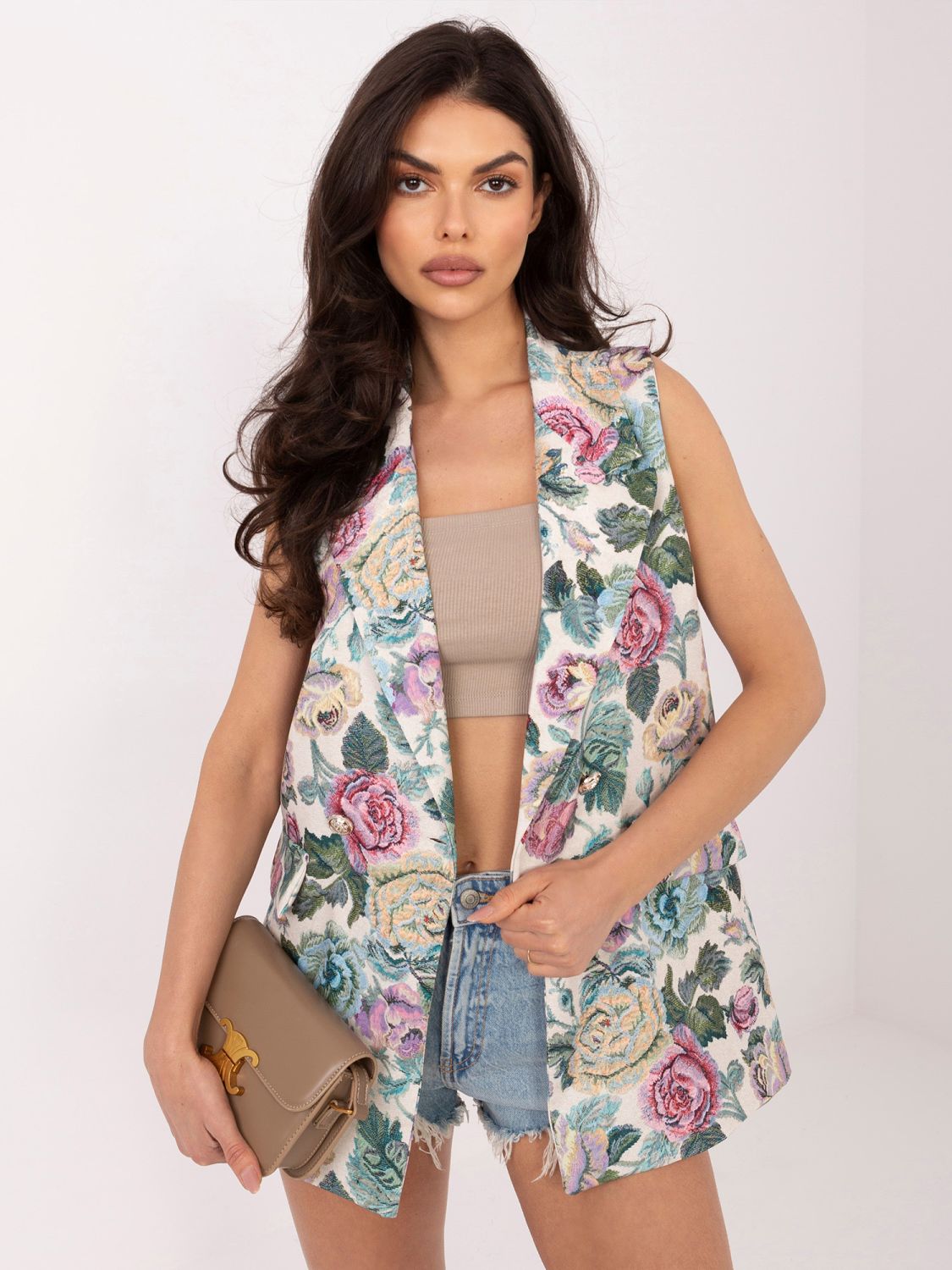 Zelená elegantná vesta s kvetinovým vzorom