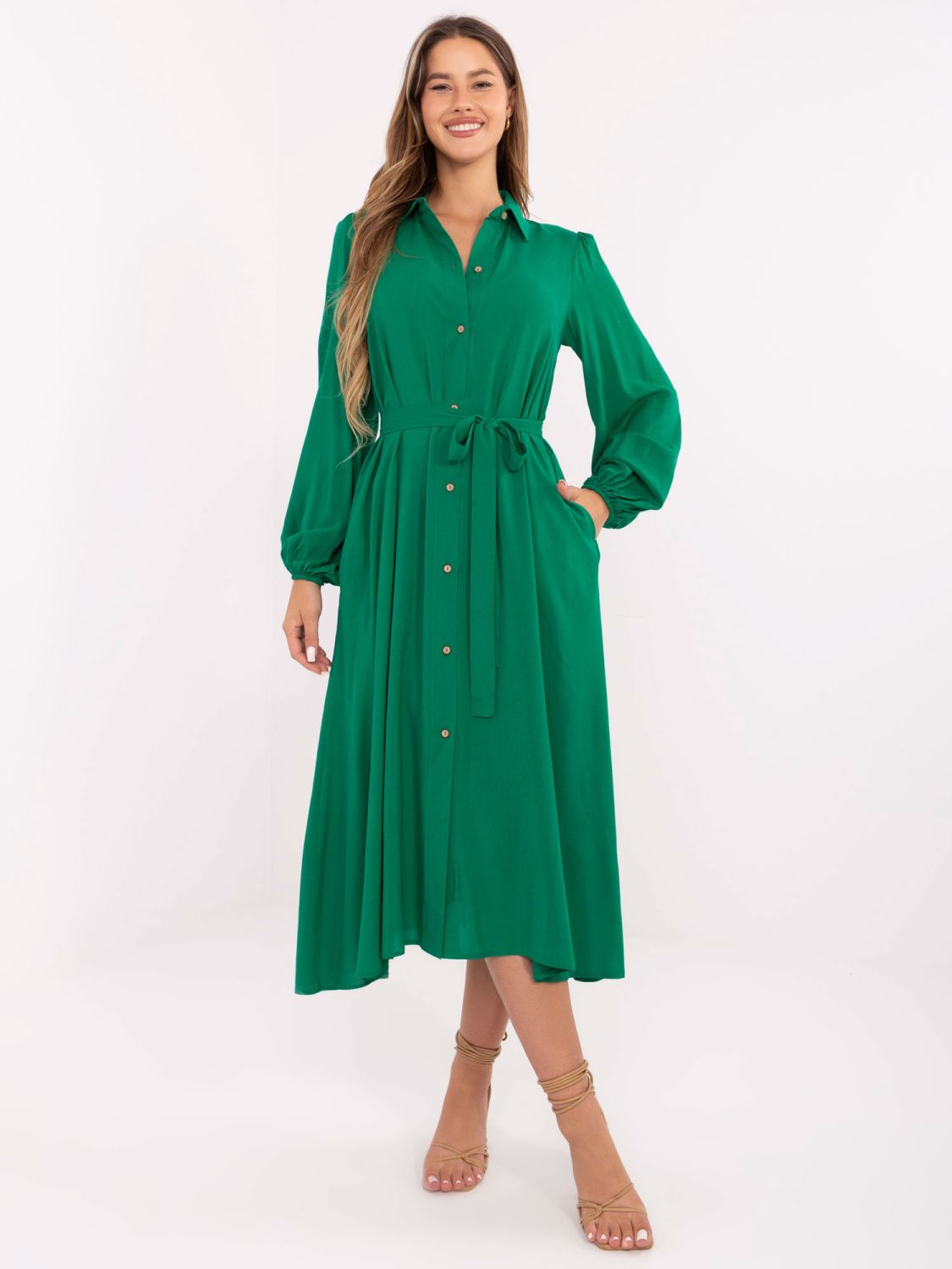 Elegantné zelené midi šaty s dlhým rukávom