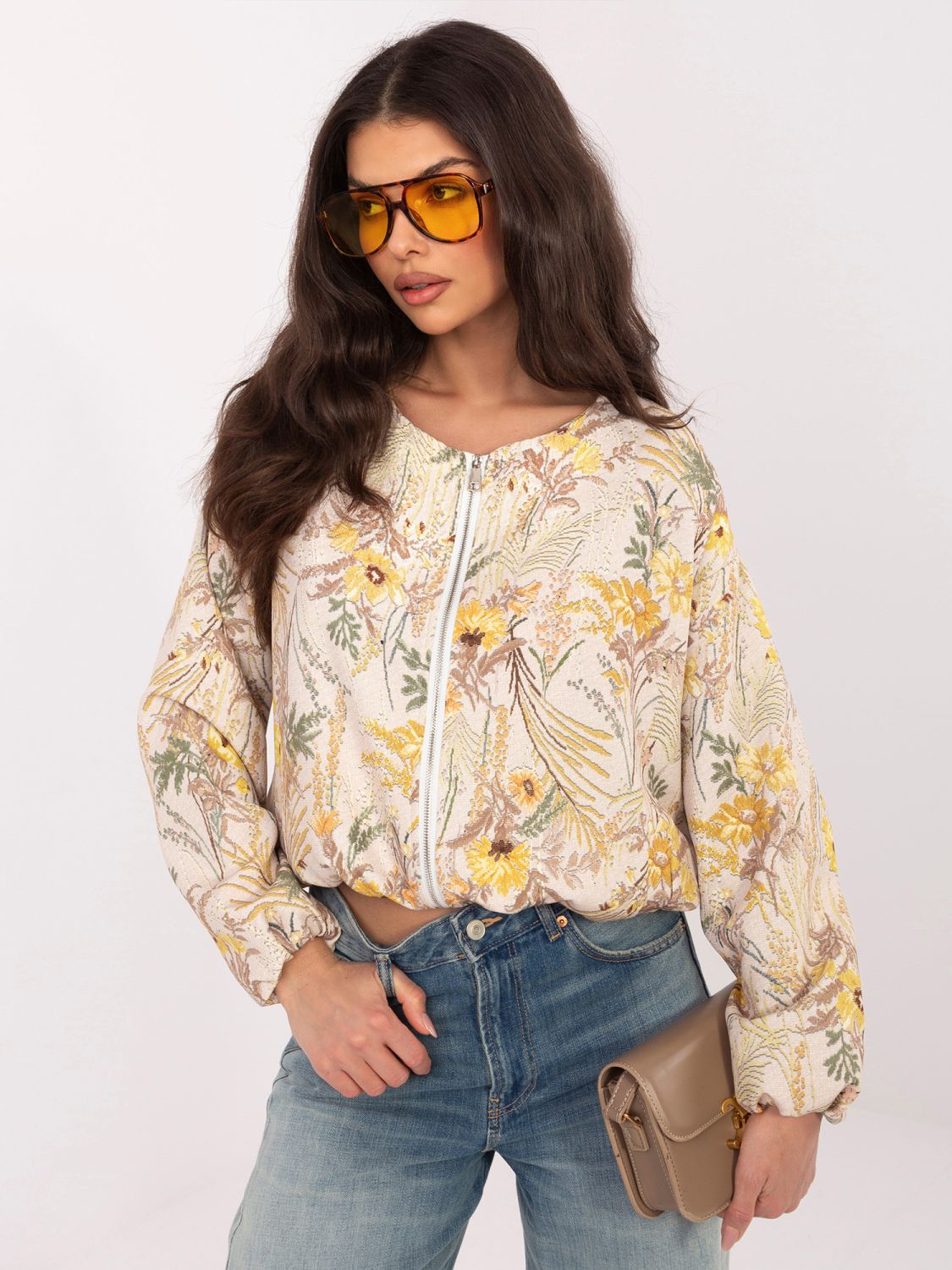 Žltá kvetinová bomber bunda s podšívkou