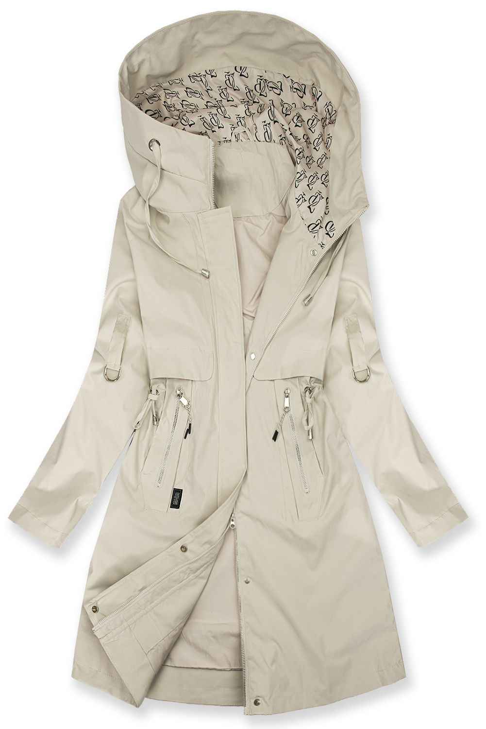 Predĺžená parka s potlačou v kapucni ecru