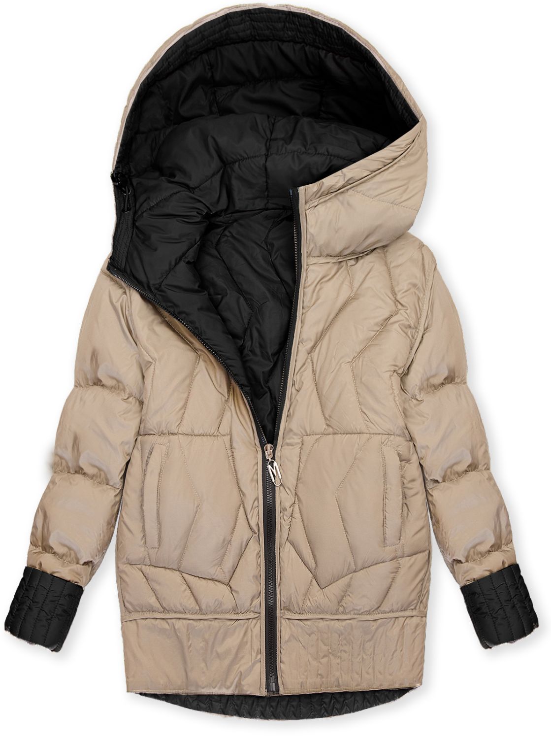 Obojstranná bunda s kapucňou čierna/béžová