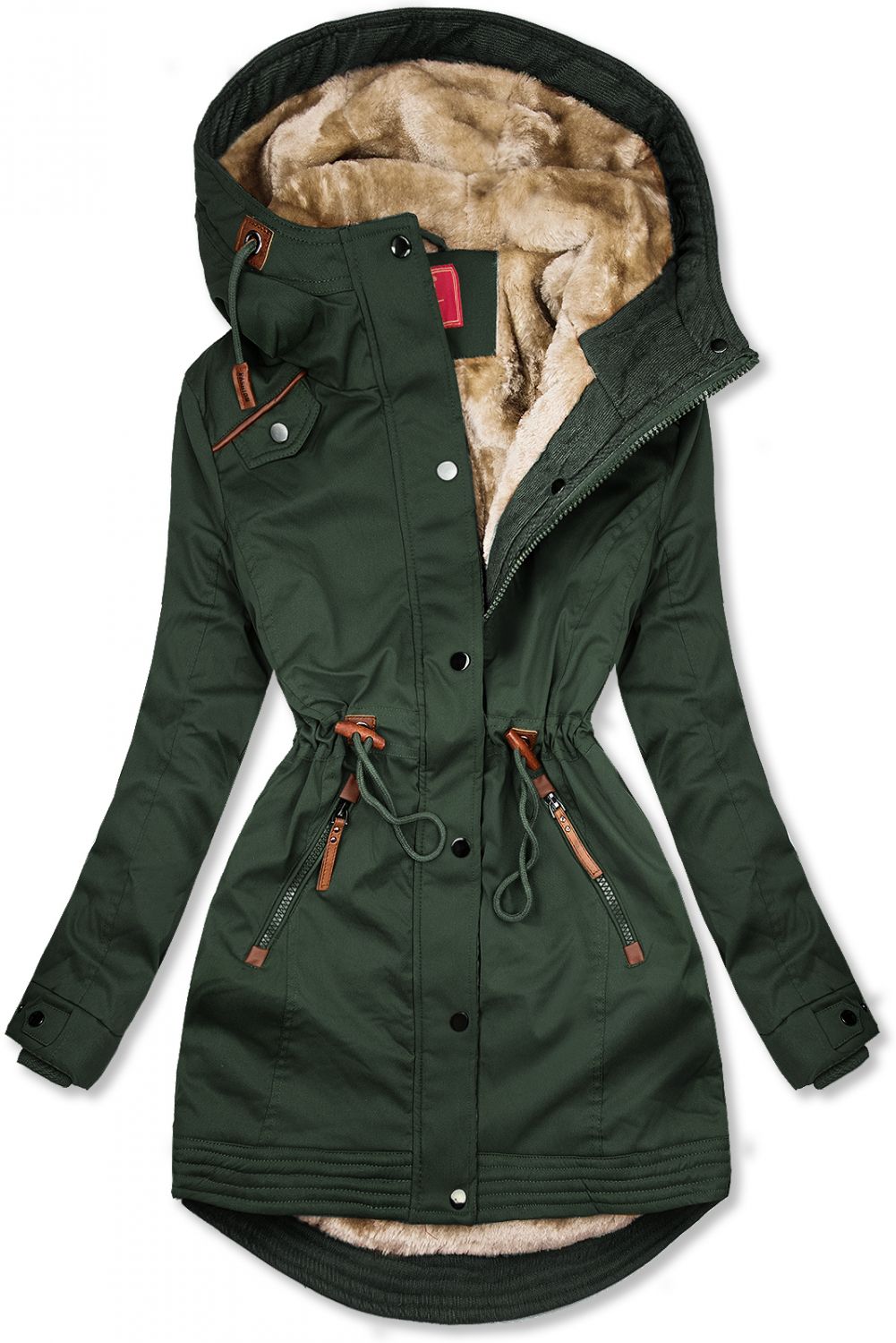 Khaki predĺžená parka s plyšom