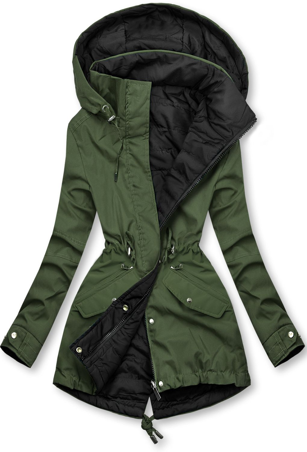 Prechodná obojstranná parka s kapucňou khaki/čierna