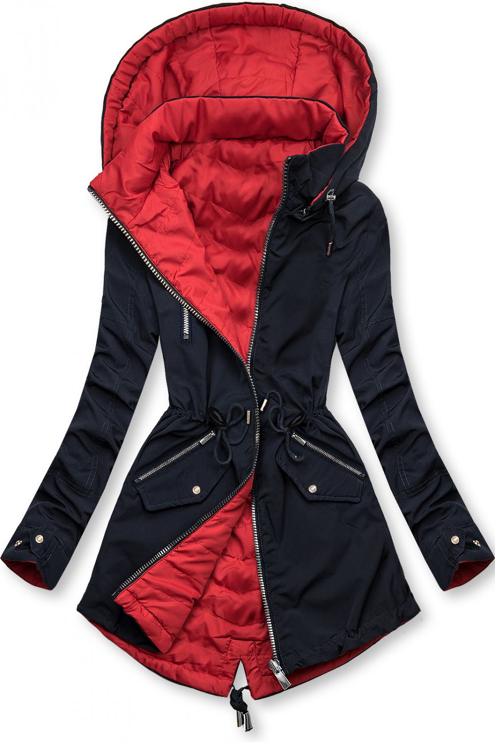 Modro/červená parka s kapucňou