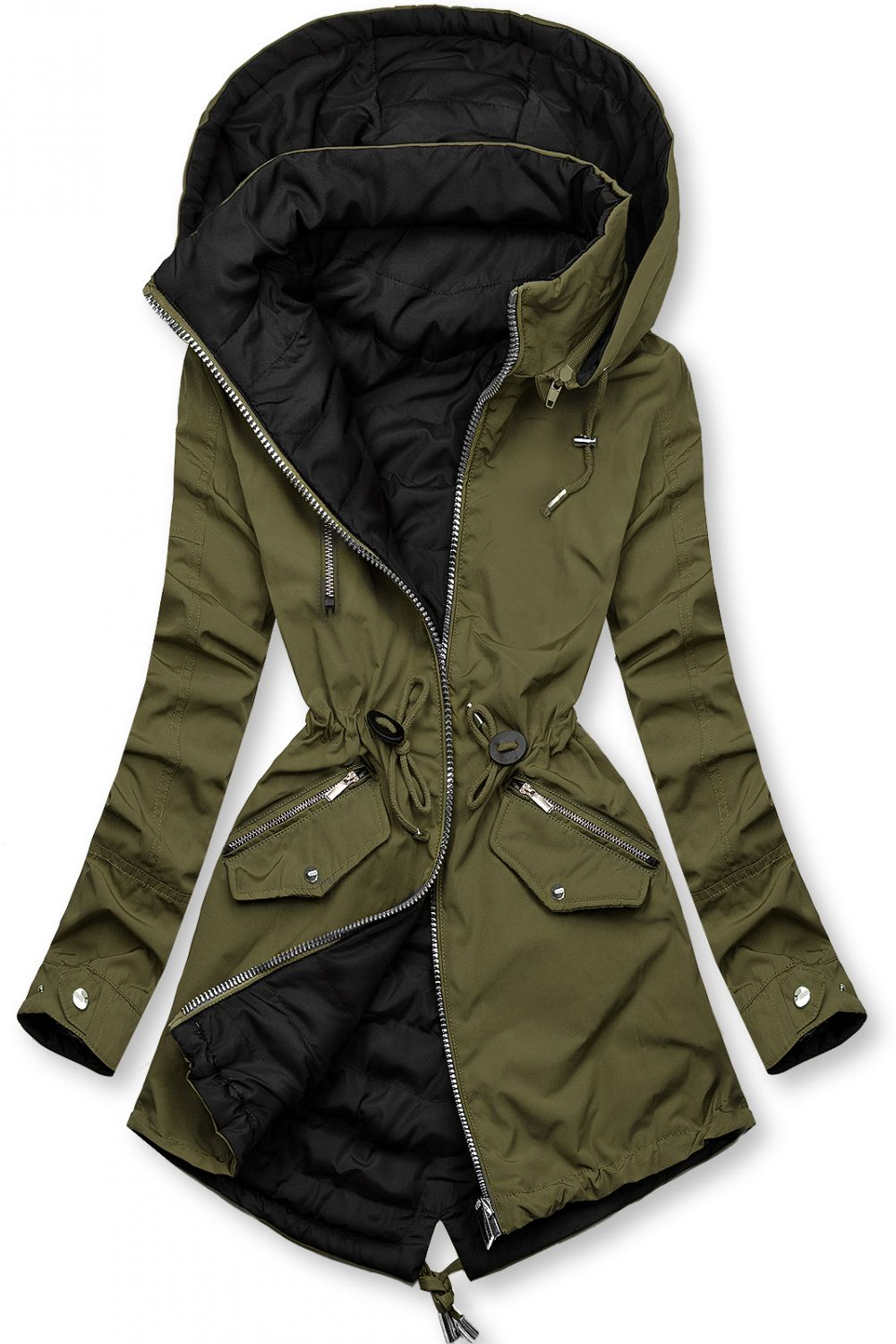Khaki/čierna parka s kapucňou
