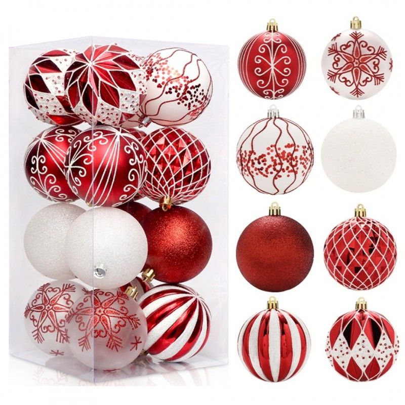 Ozdoby na stromček červená/biela, 8 cm, 16 kusov