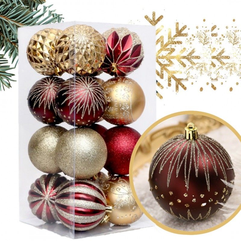 Ozdoby na stromček zlatá/bordová, 8 cm, 16 kusov