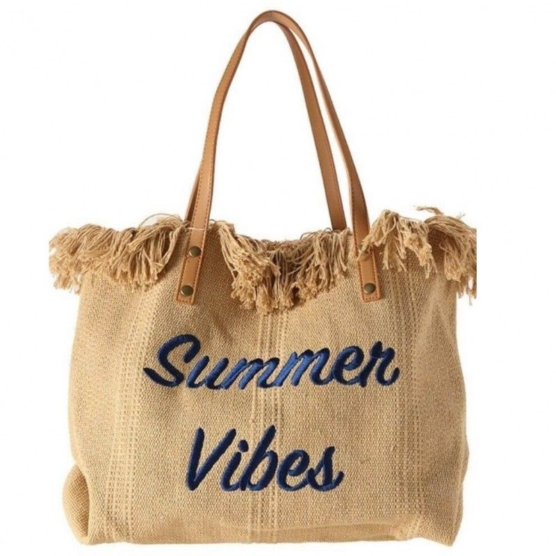 Plážová taška SUMMER VIBES so strapcami prírodná