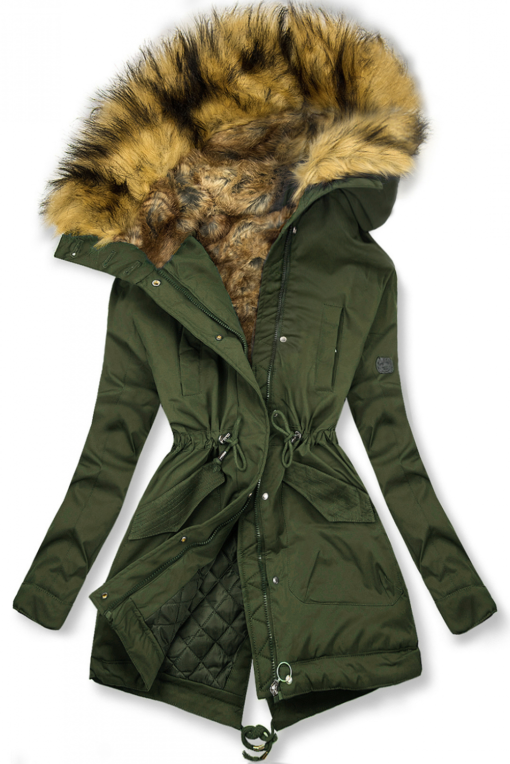 Olivovozelená zimná bunda s vysokým golierom a kožušinou.
- predĺžený strih
- neodopínateľná kapucňa
- neodopínateľná umelá kožušina
- zapínanie na zips a gombíky
- vysoký golier
- v páse nastaviteľné sťahovanie
- dve predné vrecká 
- materiál: 100% polyester