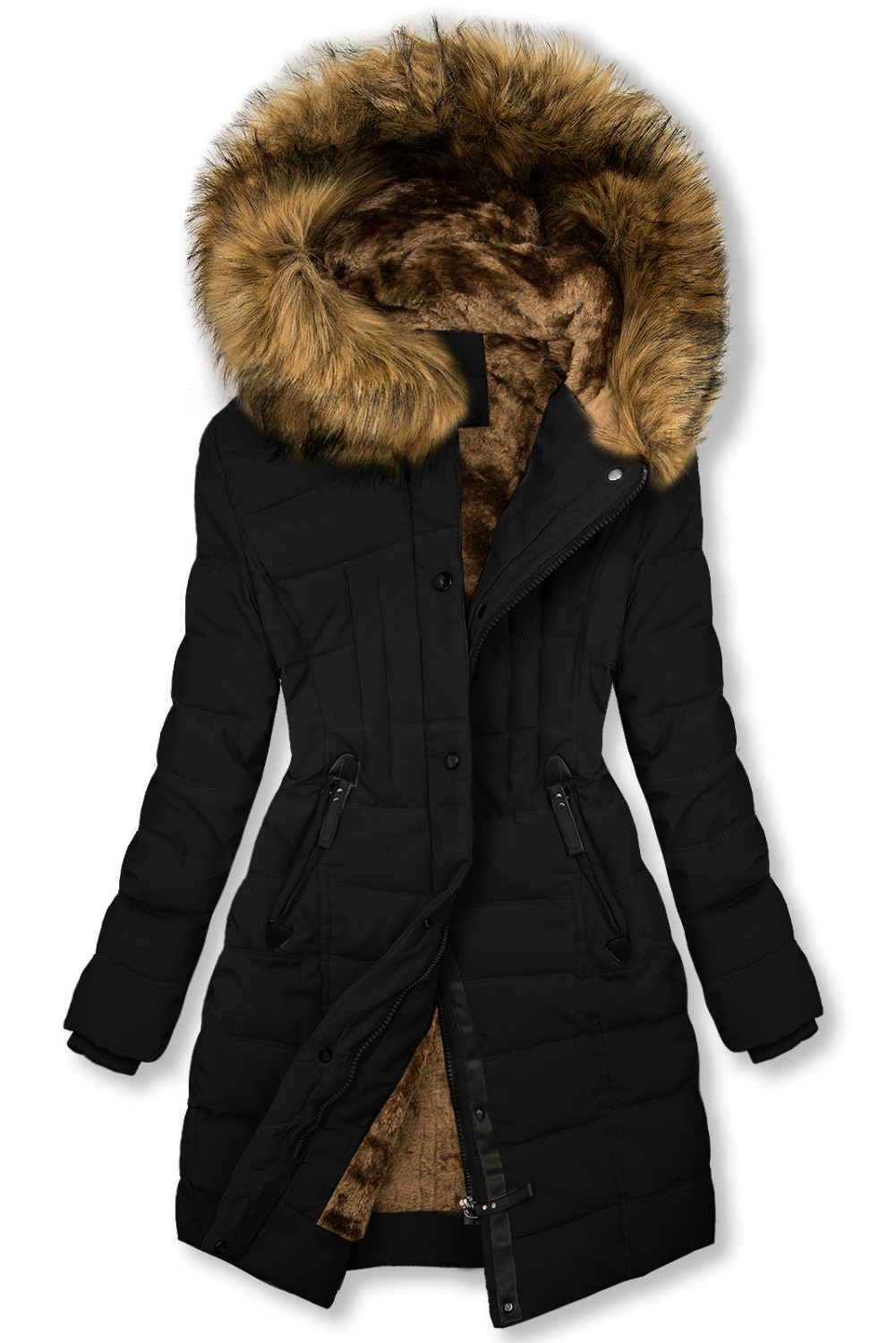 Čierna zimná bunda s plyšom a kožušinou.
- vnútrorná podšívka z mäkkého plyšu 
- neodopínateľná kapucňa
- zapínanie na zips
- 2 predné vrecká
- na kapucni odnímateľná, nepravá kožušina
- materiál: 100% polyester