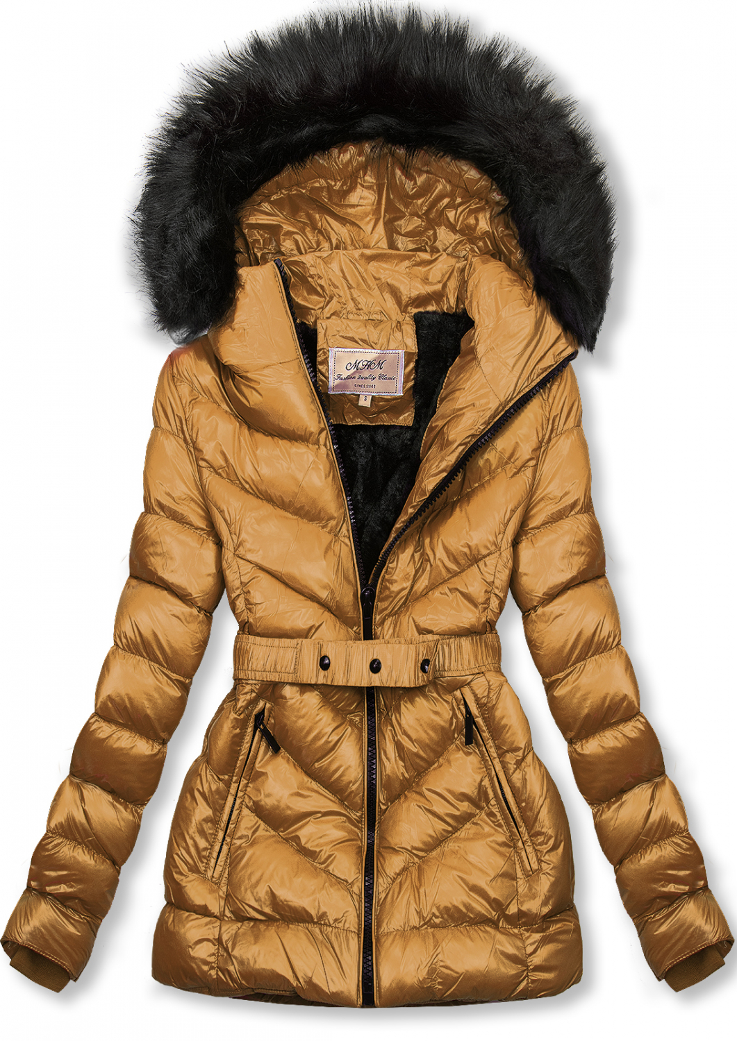 Karamelová zimná krátka bunda s čiernou kožušinou.
- neodopínateľná kapucňa
- odnímateľná kožušina
- zapínanie na zips
- v prednej časti 2 vrecká 
- vnútro zateplené plyšom
- s opaskom
- materiál: 100% polyester, podšívka: 100% polyester
