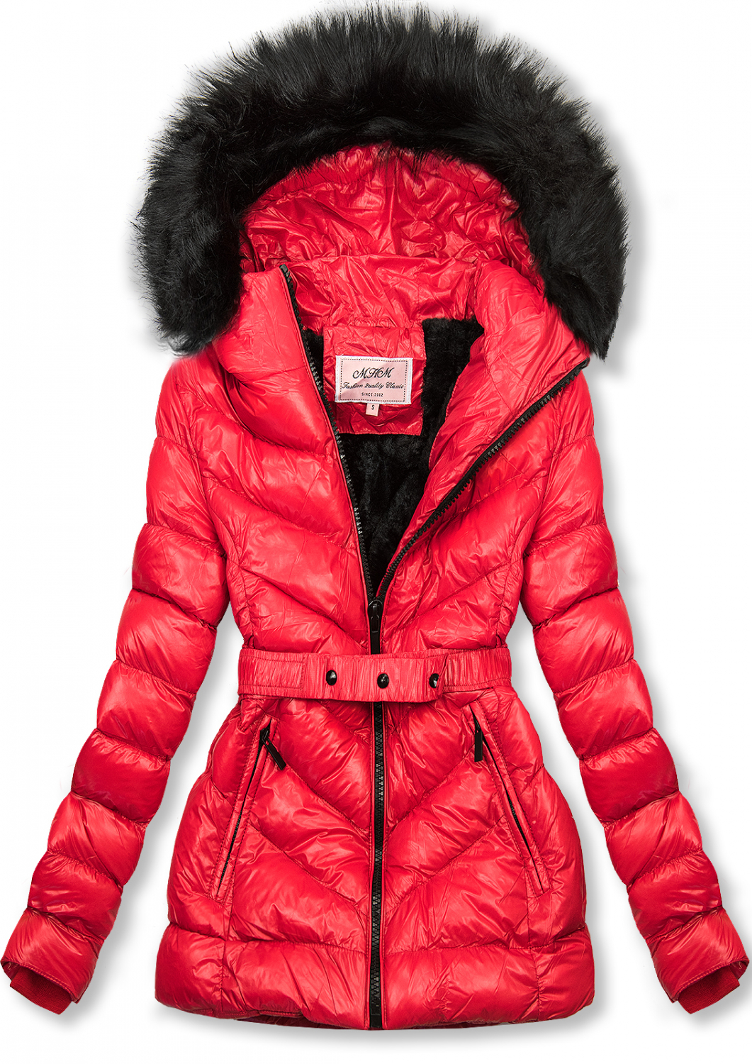 Červená zimná krátka bunda s čiernou kožušinou.
- neodopínateľná kapucňa
- odnímateľná kožušina
- zapínanie na zips
- v prednej časti 2 vrecká 
- vnútro zateplené plyšom
- s opaskom
- materiál: 100% polyester, podšívka: 100% polyester