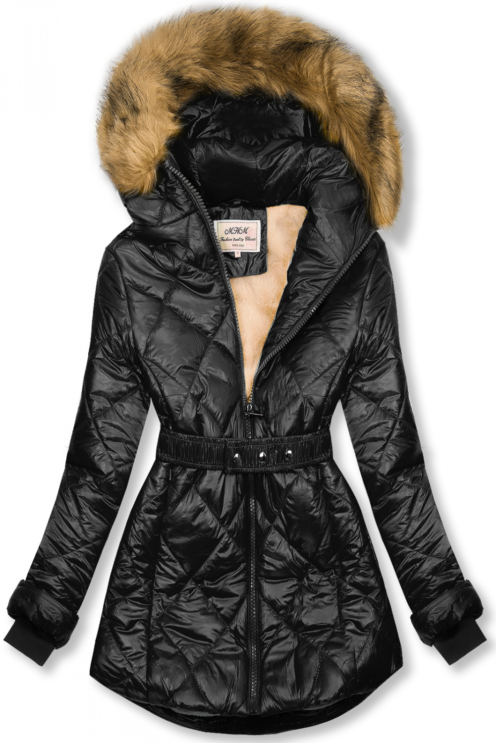 Čierno-béžová lesklá zimná bunda s opaskom.
- neodopínateľná kapucňa
- odnímateľná kožušina
- zapínanie na zips
- v prednej časti 2 vrecká 
- vnútro zateplené plyšom
- s opaskom
- materiál: 100% polyester, podšívka: 100% polyester
 