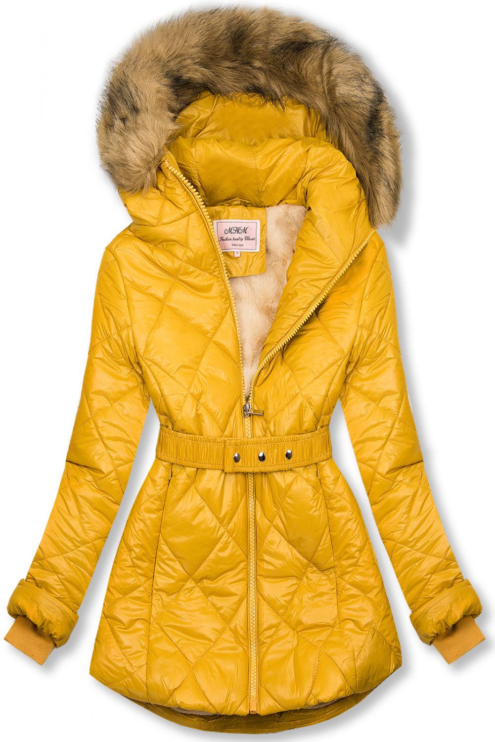 Žltá lesklá zimná bunda s opaskom.
- neodopínateľná kapucňa
- odnímateľná kožušina
- zapínanie na zips
- v prednej časti 2 vrecká 
- vnútro zateplené plyšom
- s opaskom
- materiál: 100% polyester, podšívka: 100% polyester
 