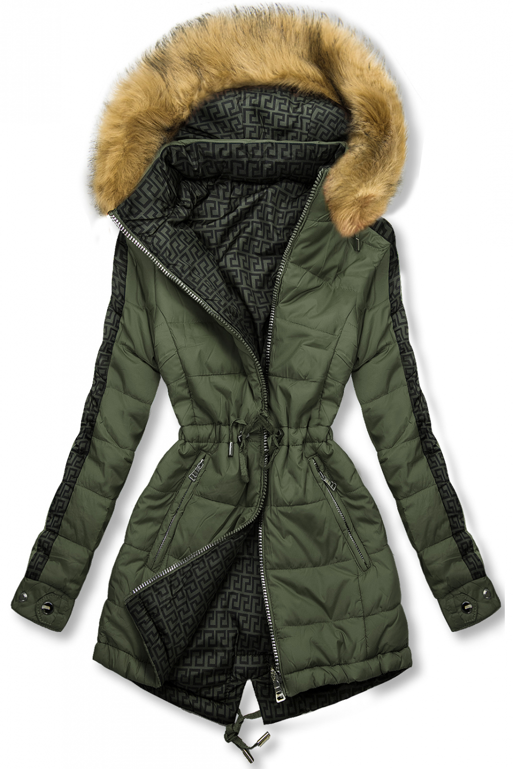 Khaki/zelená obojstranná zimná parka.
- obojstranná
- zapínanie na zips 
- v páse sťahovanie 
- s odopínateľnou kapucňou a kožušinou
- podšívka s výplňou
- dve predné vrecká
- materiál: 100% nylon, podšívka: 100% polyester
 
