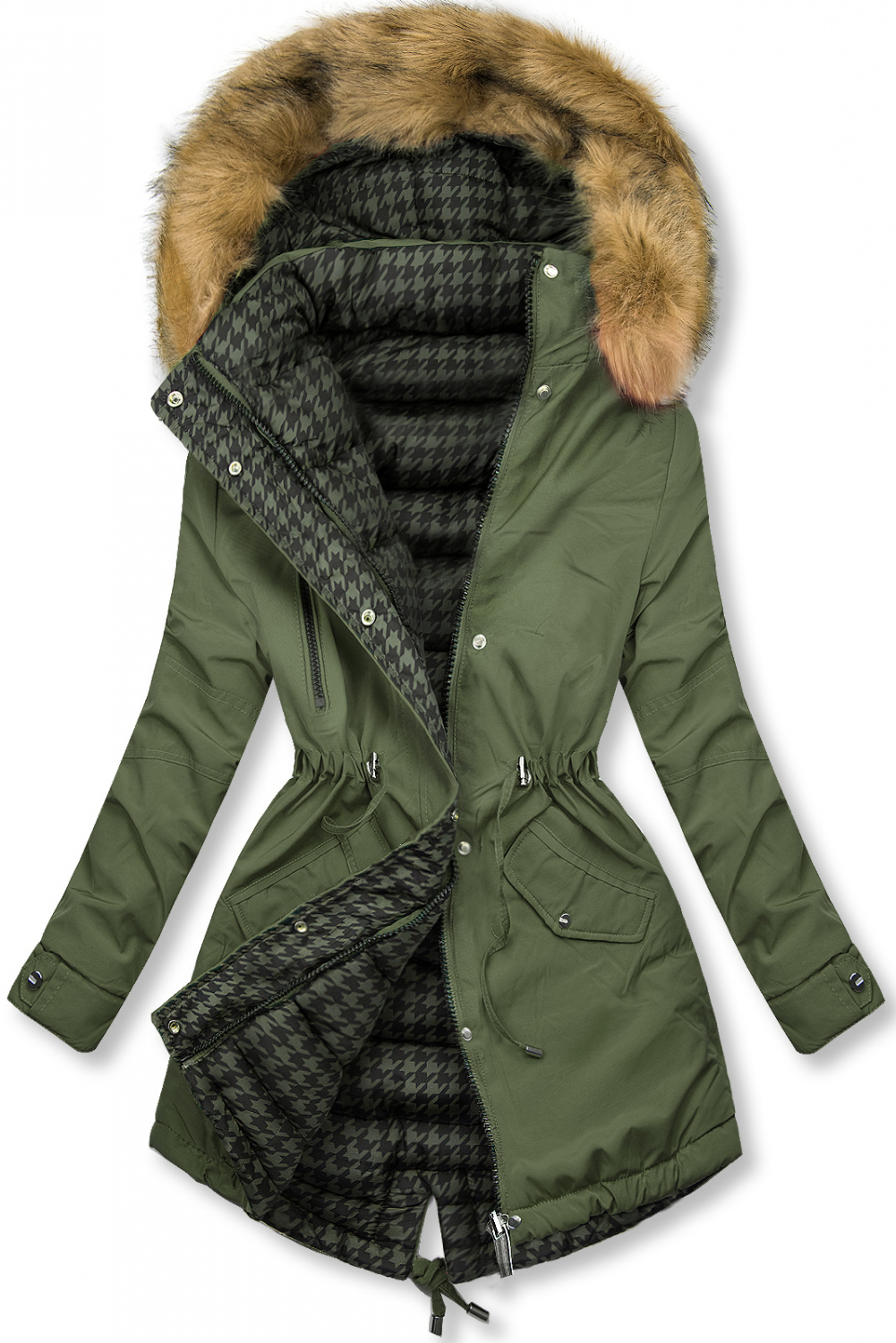 Khaki obojstranná parka na zimu.
- vyvýšený golier 
- odopínateľná kapucňa 
- odopínateľná kožušina
- zapínanie na zips a patentky
- v páse nastaviteľné sťahovanie
- dve predné vrecká 
- všetky prvky v striebornej farbe
- materiál: 100% polyester