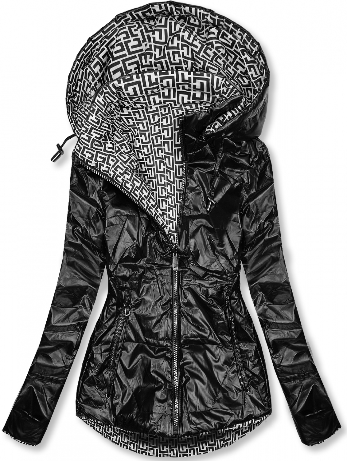 Čierna/biela lesklá obojstranná bunda.
- odopínateľná kapucňa
- zapínanie na zips
- kovové detaily v striebornej farbe
- dve predné vrecká
- materiál: 100% polyester, podšívka: 100% polyester
