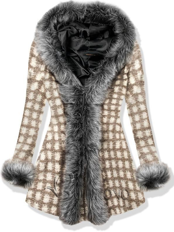 Hnedý vlnený oversized kabát s kožušinovým lemom