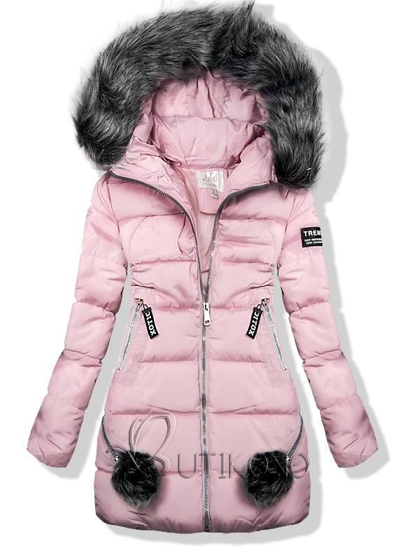 Ružová zimná prešívaná bunda s kožušinou