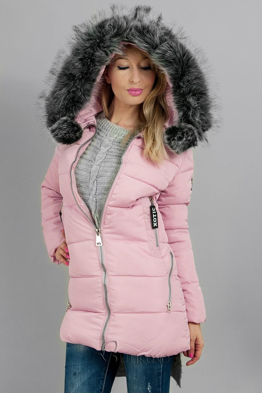 Ružová zimná prešívaná bunda s kožušinou