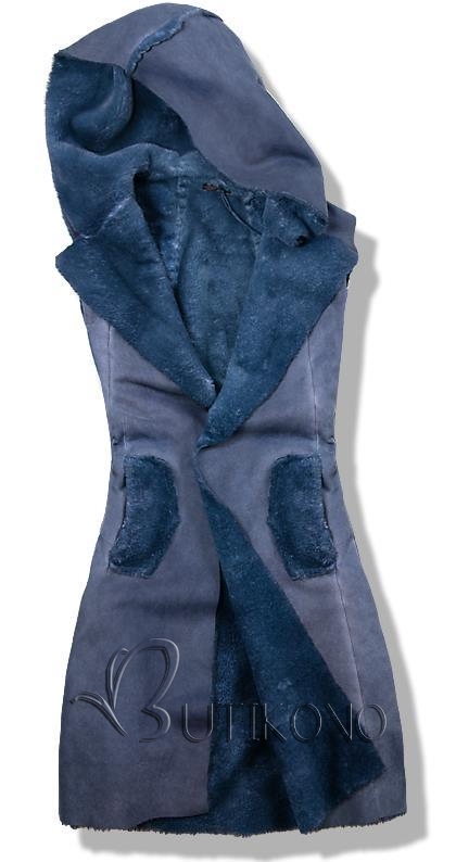 Modrá dlhá kožušinová vesta s kapucňou