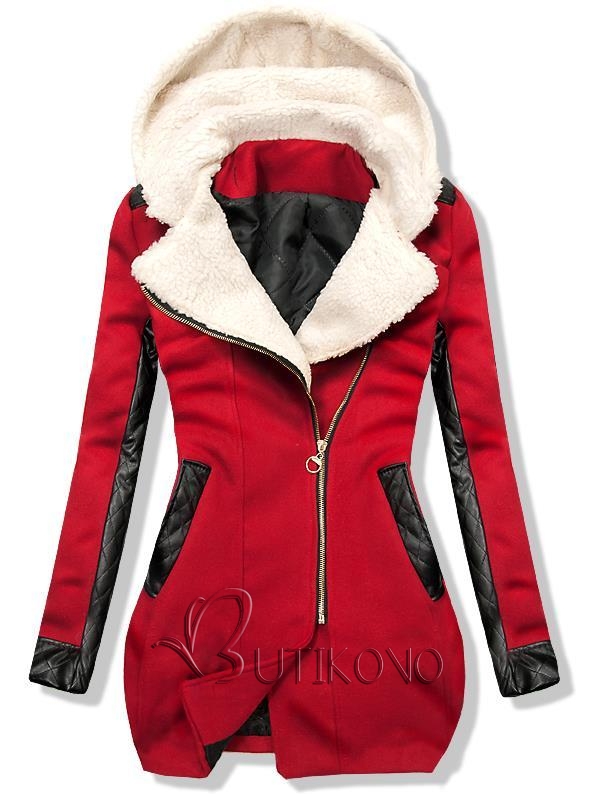 Červený zimný kabát s koženkovými detailami