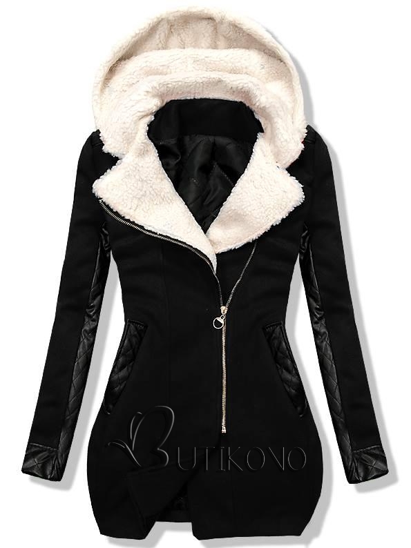 Čierny zimný kabát s koženkovými detailami