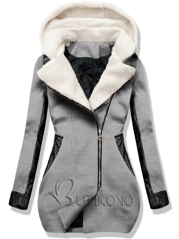 Sivý zimný kabát s koženkovými detailami