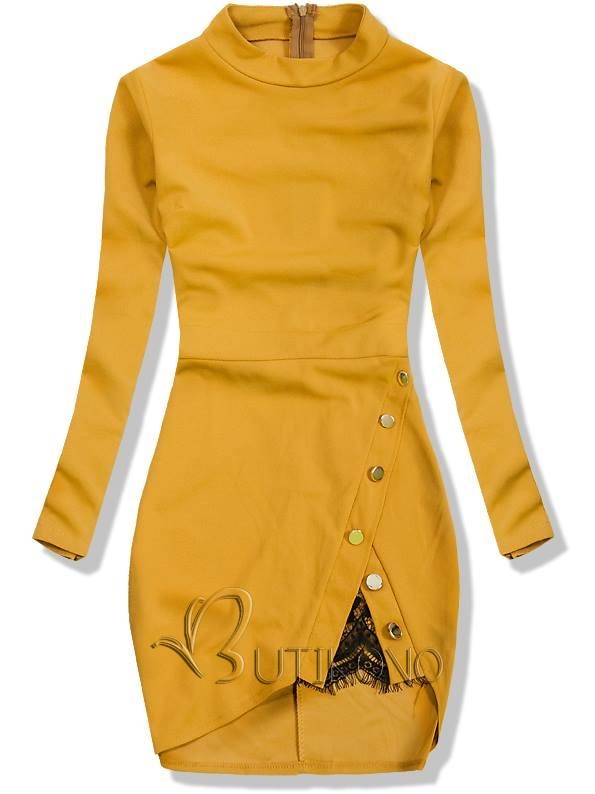 Horčicovožlté šaty s ozdobnými gombíkmi a čipkou